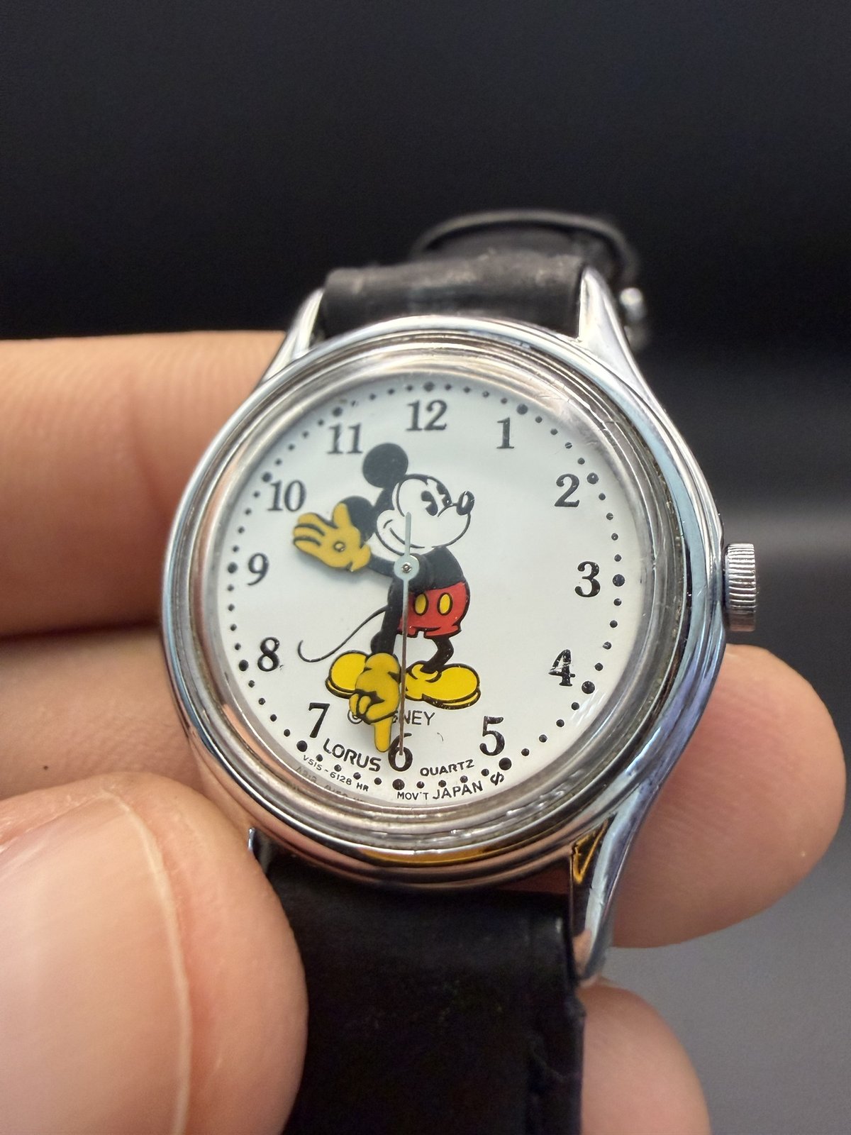 Close-up of the Lorus Mickey Mouse dial, marked V515-6128 quartz, movement Japan