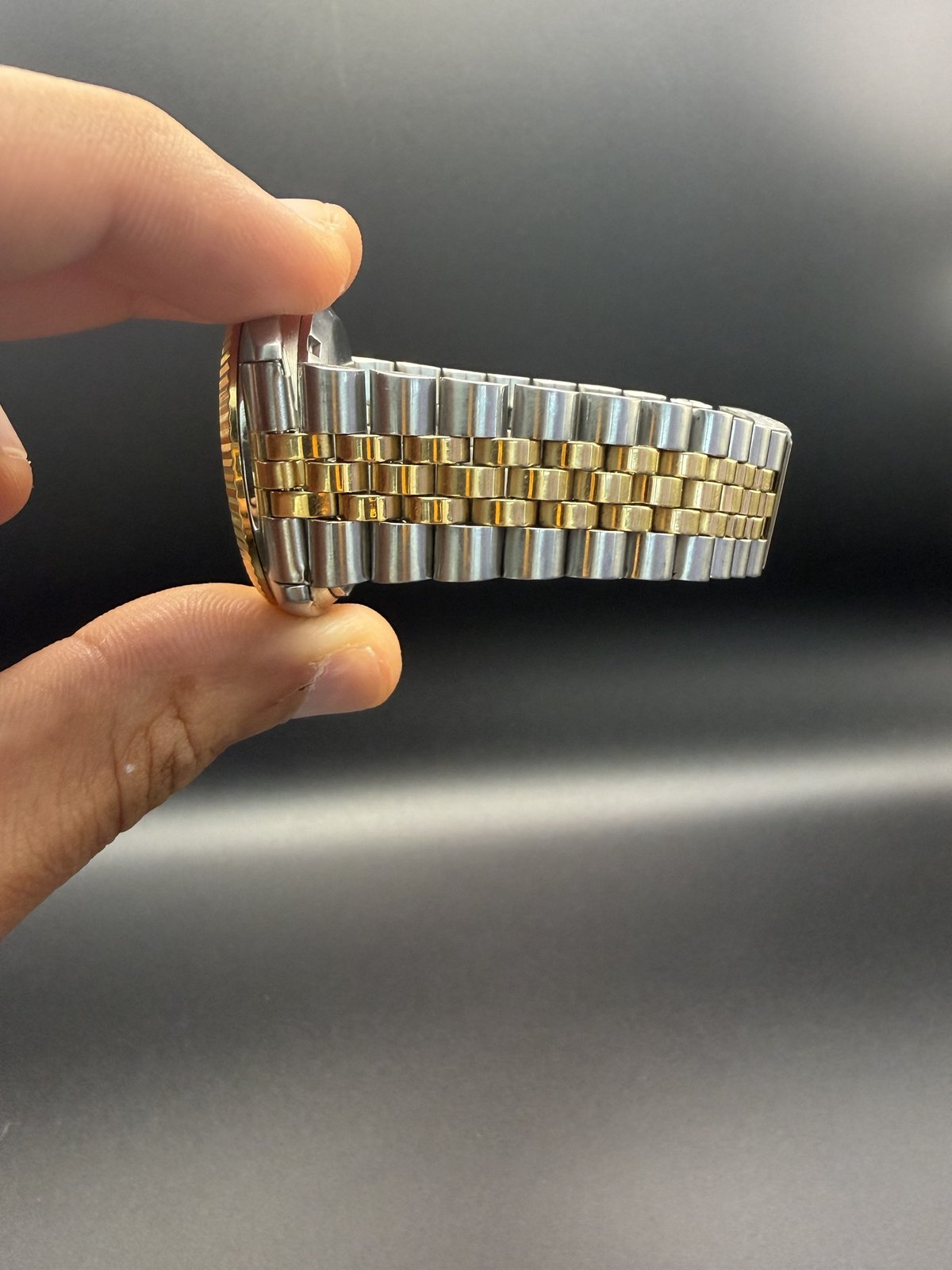 Two-tone Jubilee-style bracelet, side view